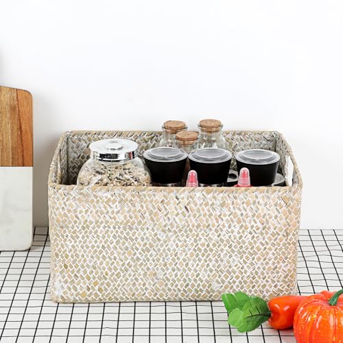 Hipiwe Seagrass Storage Basket Bin Rectangular Handwoven Wicker Storage Box with Handle Opened Baskets for Shelf Organizing Closet Bathroom, 13.3 x 9.8 x 6.7 Inch - color: Whitewash, size: Medium,13.4"x9.4"x 6.7"