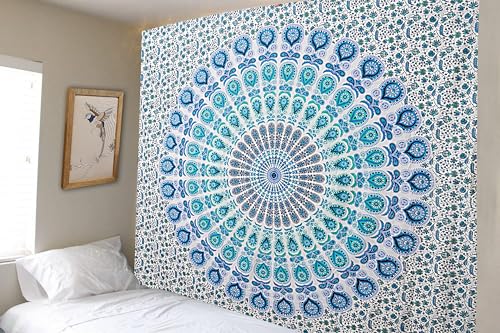 FURNISHFUL FINESSE Handmade Cotton Peacock Mandala Tapestry - Serene Sky Blue & White Ombre Boho Wall Decor, Bohemian Hippie Room Hanging for Bedroom & Dorm Aesthetic- 54x84 Inches - color: Sky Blue, size: 84"L x 54"W