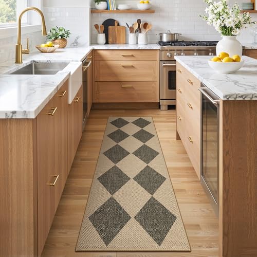 Bavni Checkered Easy Jute Rug,2x6 Runner Rug Machine Washable Non Slip Woven Plaid Carpet, Geometric Diamond Non Shedding Low Pile Modern Farmhouse Hallway Runner for Kitchen, Laundry, Corridor - color: Checkered-1, size: 2X6