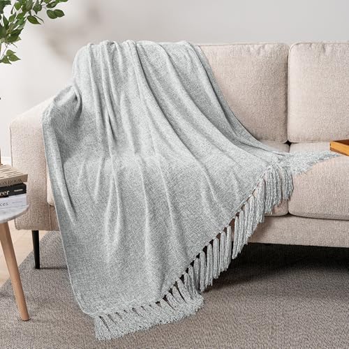 PAVILIA Light Gray Chenille Throw Blanket for Couch, Sofa Bed - Soft Knit Woven with Tassel, Decorative for Chair Living Room - Light Grey 50x60 - color: Light Grey, size: 50 X 60 Inches - Throw