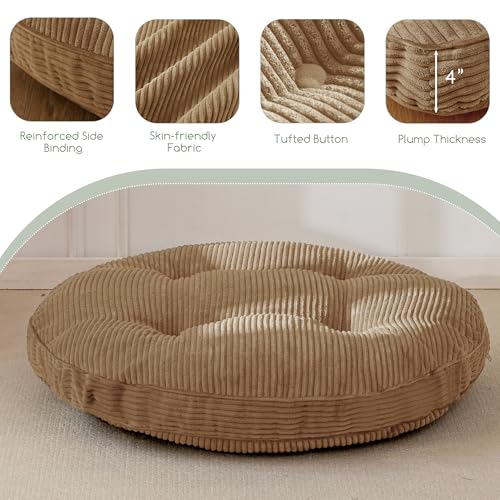 HIGOGOGO 35" Floor Pillow Cushion for Adults, Meditation Cushion Pillow, Extra Large Square Floor Sitting, Tufted Corduroy Cover for Tatami Living Room or Yoga, Coffee - color: Coffee, size: 4" Thick Round