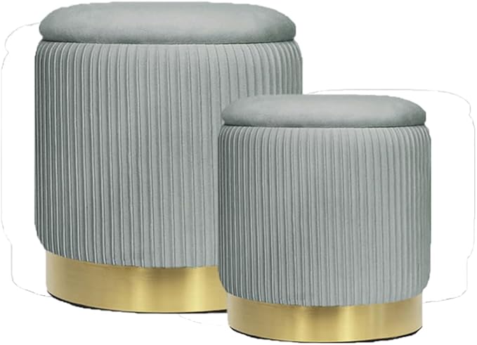 Round Ottoman Storage Set of 2 Velvet Ottoman for Living Room Small Foot Stool Small Coffee Table Vanity Stool with Storage for Bedroom Bedroom (Light Gray)