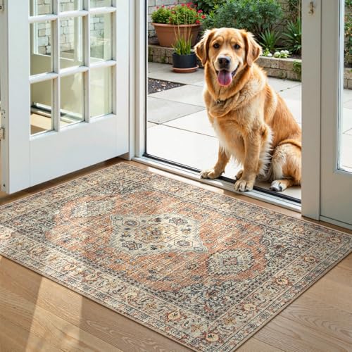 Lahome Oriental 2x3 Washable Rugs for Entryway, Soft Door Mat Indoor Entrance Small Kitchen Rugs Non Slip Ultra-Thin, Vintage Carpet for Bedroom Bathroom Eleanor, Peach/Orange - color: Terracotta, size: 2' x 3' (Rectangular)