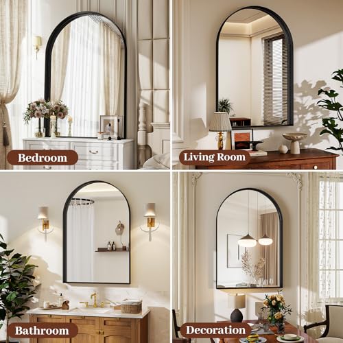 24" x 36" Luxury Arched Bathroom Mirror - Arch Wall Mirror with Shatterproof Tempered Glass and Metal Deep Frame, Hanging or Leaning for Living Room, Dresser, Entrance and Hallway, Black - color: Black, size: 36"L x 24"W