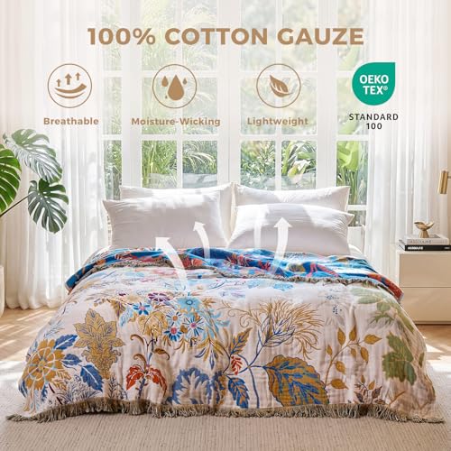 LUTBM Boho Throw Blanket for Couch Sofa Chair Cotton Summer Blankets for Bedroom Living Room All Season Soft Lightweight Reversible Floral Embroidery Decorative Throws 50"x60" Home Decor - color: Branches Tendrils, size: 50"×60"