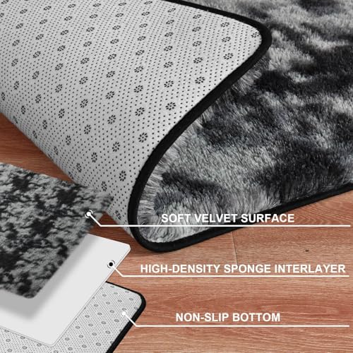 Merelax 2x3 Small Rug for Bedroom Livingroom Mini Space Home Decor, Modern Indoor Shaggy Plush Fluffy Furry Fur Rugs Comfy Nursery Kids Room Floor Carpet, Tie-Dyed Black & Grey - color: Tie-dyed Black & Grey, size: 2' x 3' (Rectangular)
