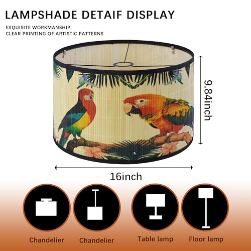 Bamboo Lamp Shade With Tropical Plants Chandelier Covers, Bohemian Farmhouse Drum Lamp Shade for Table Lamp Floor Lamp, Rustic Rattan Light Fixture for Bedroom Living Room (16x16x10 inch) - color: color6, size: 16*10