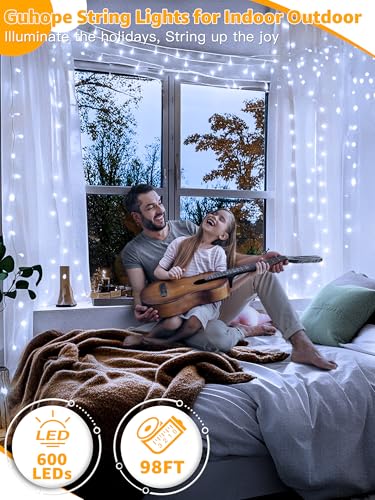 Guhope Christmas Lights 600LED 98FT, Waterproof Outdoor String Lights with Remote and Timer, 8 Modes Dimmable Fairy Lights for Indoor Outdoor Wedding Party Holiday Decorations (Cool White) - color: Cool White, size: 600 LED