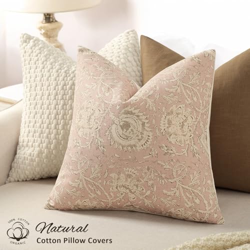 Vintage Floral Print Throw Pillow Covers 16x16 Set of 2 Neutral Modern Farmhouse Pillowcases Accent Decorative Cushion Covers Boho Home Decor for Couch Sofa Chair Bed Living Room, Champagne Pink - color: Champagne Pink, size: 16" x 16" (Pack of 2)