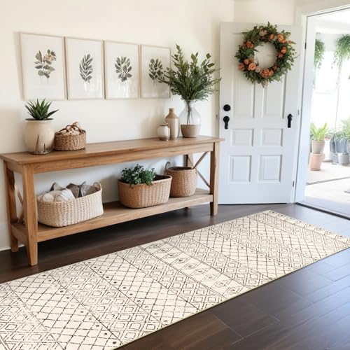 2'6"x8' Washable Hallway Runner Rug - Moroccan Kitchen Non Slip Rug Low Pile Floor Carpet with Rubber Backing Vintage Indoor Mats for Living Room Bedroom Laundry 2'6"x8' Geo Beige - color: Geo Beige, size: 2'6" x 8' (Rectangular)