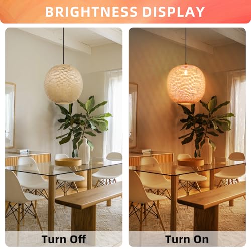 Arturesthome 1 Light Round Bamboo Pendant Lights, Wicker Chandelier Hand-Woven Boho Basket Lampshade Hanging Ceiling Light for Kitchen Island Living Room - size: 17.68″W x 14.9″H