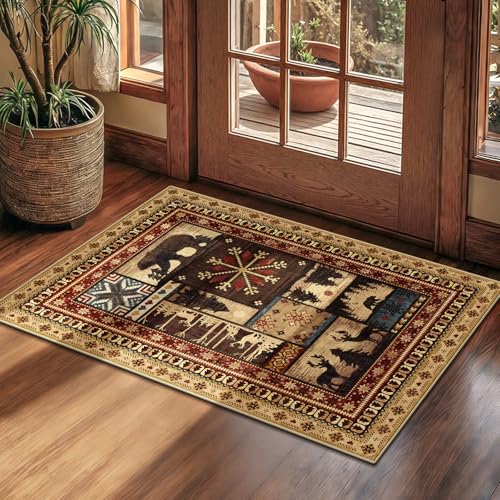 LOKHOM Rustic Bear Area Rug 2x3 Washable Entryway Rug, Vintage Western Buffalo Bear Decor Doormat Front Door Rug, Non Slip Low Pile Cabin Accent Carpet for Kitchen Entryway Bathroom - color: Vintage Bear, size: 2' x 3' (Rectangular)