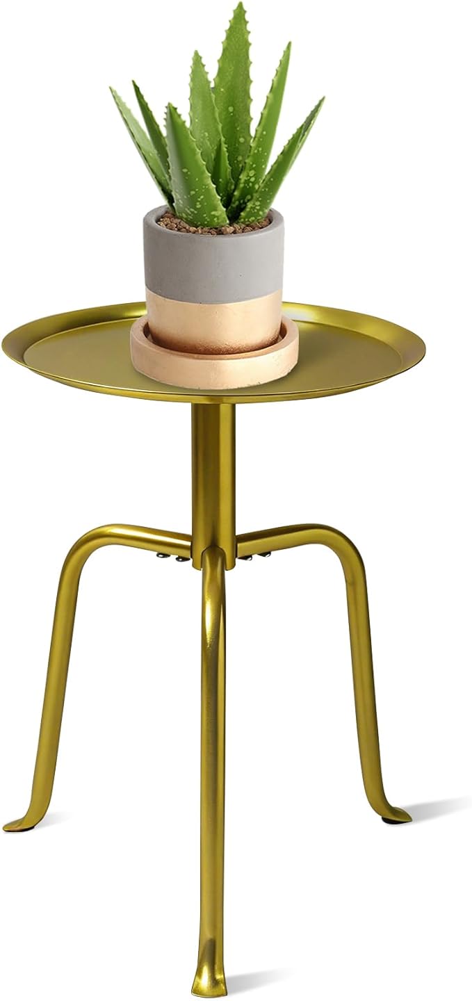 Plant Stand Indoor Outdoor, 11'' Round Gold Corner Single Plant Table, 3-Leg Small Metal Plant Holders Flower Pot Stand, Modern Corner Round Small Side End Table with Raised Design