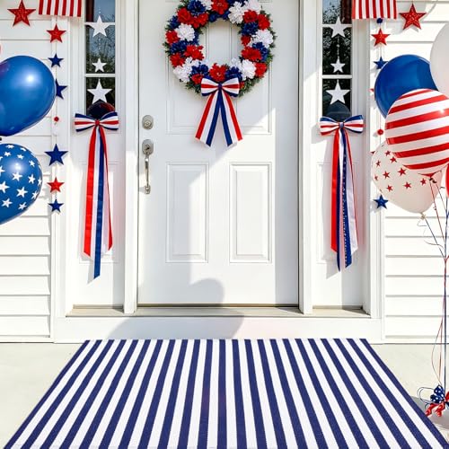 CAINANEL Blue and White Striped Rug 4th of July Door Mat 27.5"x43" Summer Front Porch Rug Independence Day Welcome Doormats for Farmhouse Entrance Porch Outdoors Decor(Blue and White, 27.5"x43") - color: Blue and White, size: 2'4" x 3'7" (Rectangular)