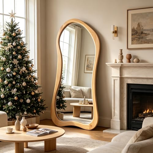 Large Solid Wood Irregular Mirror, 67"x31.5" Organic Floor Mirror with Wooden Frame, Asymmetrical Full Length Mirrors for Entryway Hallway Bedroom Living Room, Leaning/Wall-Mounted - color: Natural Wood Frame, size: 67"L x 31.5"W