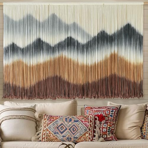 IOWER Macrame Wall Hanging Mountain Wall Art Dip-Dyed Macrame Wall Decor Modern Wall Decor Fiber Wall Art Craftsmanship 57" Wx35 L - color: brown khaki