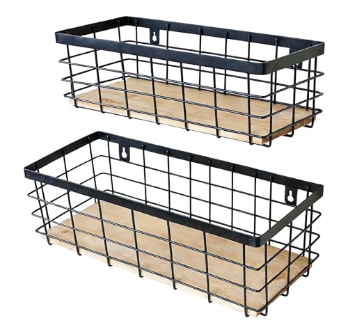 ShabbyDecor Metal Wire Basket Detachable Wood Base Storage Organizer Farmhouse Hanging Basket for Kitchen Cabinets, Bathroom, Pantry, Laundry Room Set of 2,Black Color - color: Black, size: Small&Medium