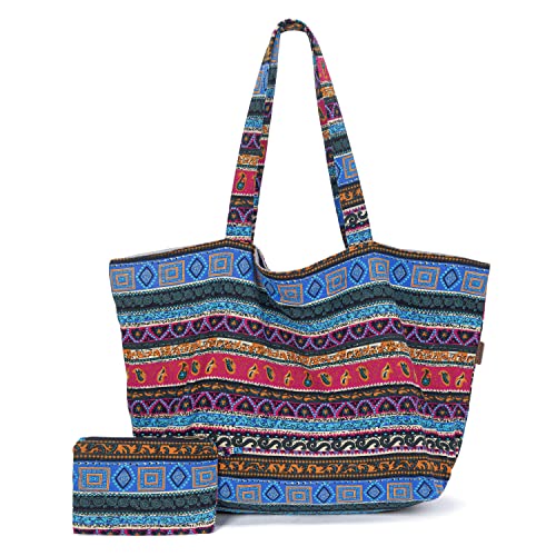 OPQRSTU Women Hippie Tote Hand Bag Large Capacity Bohemian Bag Portable Tourist Shoulder Bags - color: Rose Red