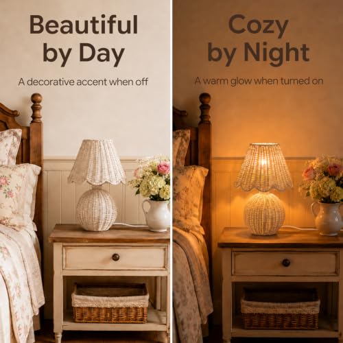BySea Meadow Woven Desk Lamp, Natural Rattan Boho Nightstand Lamp for Bedroom, Hand-Woven Small Table Lamp with Warm Amber Glow, Rustic Bedside Light for Living Room, Nursery, 1.95m Long Cord