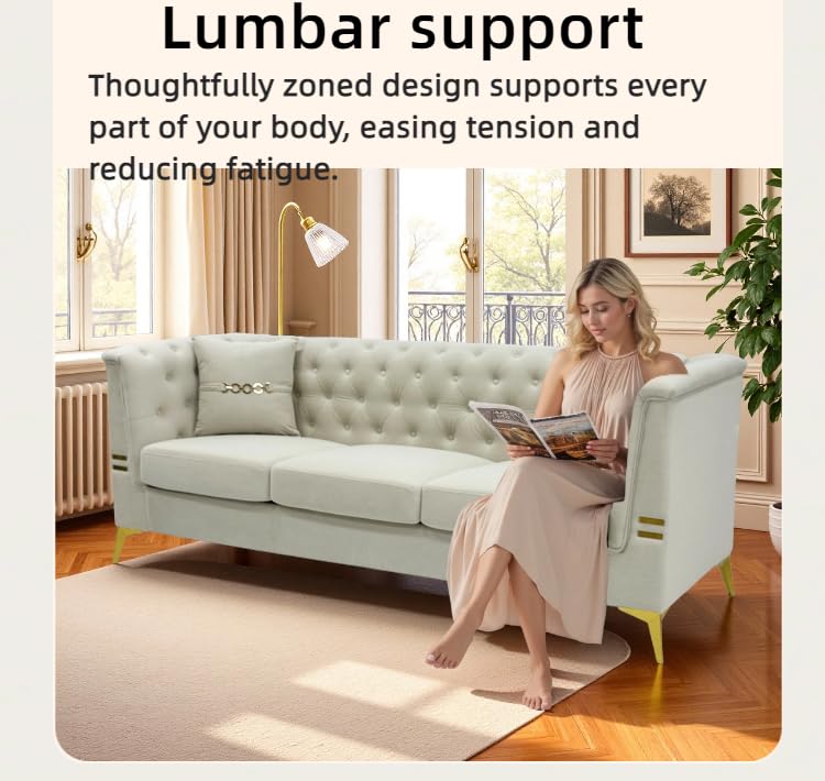 KEIKI 82" Oversized Luxury Velvet Chesterfield Sofa with 2 Pillows, Deep Button Tufted Backrest, Modern Style Gold Metal Accents 3-Seater Couch, Easy Assembly, for Living Room, Apartment, Cream White - color: Cream White, size: 82"