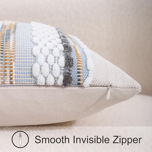 Boho Throw Pillow Covers 18x18 Set of 2 Striped Tufted Decorative Pillow Cases Accent Chenille Pillowcases Farmhouse Cushion Case Home Decor for Sofa Bed Living Room,Grey Blue White - color: Grey Blue White Stripe, size: 18" x 18" (Pack of 2)