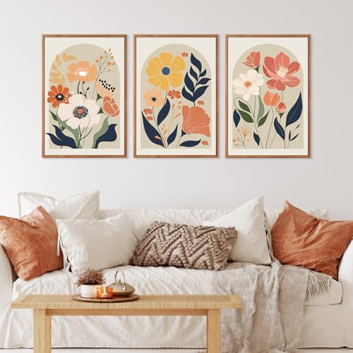 KAIRNE Boho Canvas Wall Art,Abstract Floral Wall Decor,Modern Minimalist Prints Set of 3(16”X24”),Botanical Wall Art Paintings,Bohemian Mid Century Artwork for Living Room Bedroom Office Decor,Framed - color: Abstract Boho Flower(medium), size: 16"Lx24"W