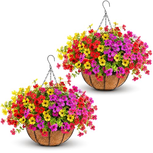 Geegoods 2 Pack Artificial Hanging Flowers for Outdoors, 24 Pcs UV Resistant Faux Mums Flowers with 2 Hanging Baskets, Fake Hanging Plants for Front Porch, Patio, Balcony, Yard and Garden Decor - color: Mix 4 Colors-2packs, size: 2 Packs