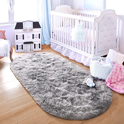 junovo Ultra Soft Washable Shaggy Rug - Non-Slip Oval Carpet for Nursery, Kids Bedroom & Home Decor (2.6x5.3ft Light Gray tie-dye) | Plush Fluffy Floor Mat for Cozy Living Spaces. - color: Tie-dye Light Grey, size: 2.6' x 5.3'