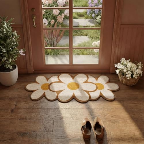 Tinideya Daisy Welcome Doormat Outdoor Cute Yellow Flower Coir Door Mat Outdoor Indoor Entrance Door Mat Non Slip Rubber Backing for Front Porch Entryway Decor(Yellow, 27.56") - color: Yellow, size: 4" x 1'5", style: Summer Daisy