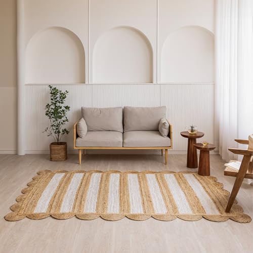 HOMEMONDE Scalloped Jute Area Rug 6'x9' Natural Stripe - Boho Home Décor Farmhouse Style Eco-Friendly Fiber Rug Hand Braided Rustic Vintage for Living Room, Bedroom, Dining Room, Hallway, Kitchen - size: 6' x 9' (Rectangular)