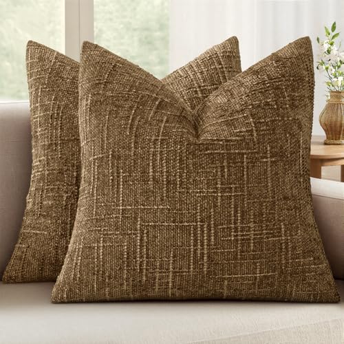 MIULEE Textured Throw Pillow Covers Thick Chenille Decorative Pillows Bronze 20x20 Inch Set of 2 Modern Boho Farmhouse Home Decor Neutral Cushion Covers for Couch Sofa Living Room Bedroom - color: Bronze, size: 20" x 20" (Pack of 2)