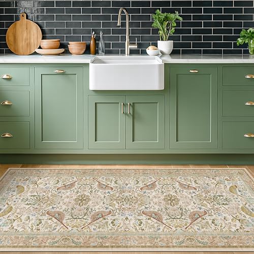 Hazo Haus Boho Bathroom Runner Rug 2x5 - Floral & Bird Runner Rug for Kitchen Floor, Hallway, Laundry Room, Bedroom, Entrance, Beige Neutral Vintage Decor, Washable Non Slip Low Pile - color: Beige, size: 2' x 5' (Runner)