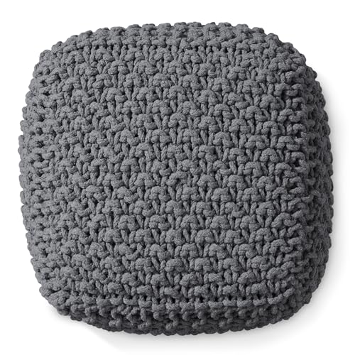 Casafield Square Pouf Ottoman, Dark Gray 18.5" W x 18.5" D x 14.5" H Cotton Knit Foot Stool - Boho Floor Pouffe for Living Room, Bedroom, Home Office - color: Grey, size: 18.5"D x 18.5"W x 14.5"H