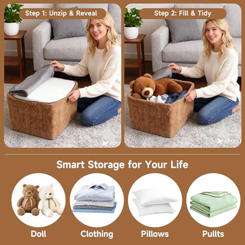 Tiita Pouf Ottoman and Foot Rest, Square Foam Stuffed Floor Pouf with Storag for Living Room, Brown - color: Square Brown