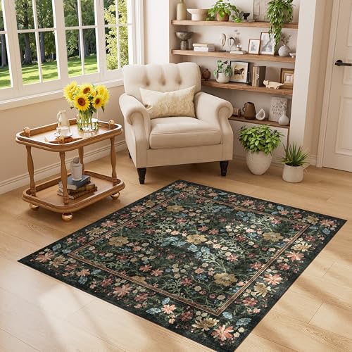DUKINO 4x4 Square Rug for Living Room, Soft Vintage Floral Washable Rug with Non Shedding, Non Slip & Low Pile Floor Carpet for Entryway, Bedroom, Kitchen, Home Office, Kids Playroom, Black - color: Black, size: 4' x 4' (Rectangular)