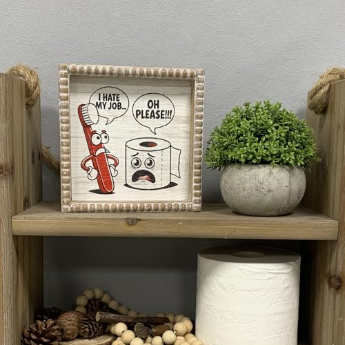 Boho Farmhouse Wooden Framed Bathroom Decor Signs, Funny Restroom Decorative Plaque Small Cute, Toilet Rules Shelf Decoration (I Hate My Job) - color: I Hate My Job