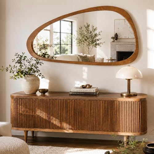 Solid Wood 48"x24" Large Aesthetic Wabi-Sabi Statement Mirror, Warm Walnut Full Length Irregular Mirror, Modern Organic Asymmetrical Wooden Wall-Mounted Mirror, Honey Walnut - color: Walnut, size: 48"L x 24"W