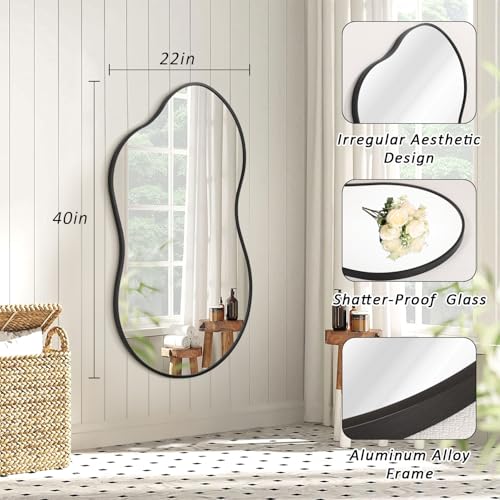 JJUUYOU Irregular Wall Mirror Black Metal Framed Decorative Asymmetrical Bathroom Mirrors Large 22"x40" for Living Room Bedroom Entryway Hanging Home Decor - color: Black, size: 40"L x 22"W