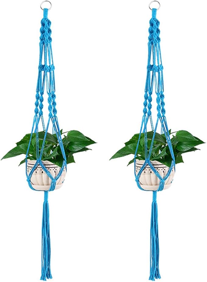 Vpang 2 Pack Colorful Cotton Macrame Plant Hanger, Outdoor Indoor Hanging Planter Basket Flower Pot Holder Boho Home Decor 40 Inch (Blue)