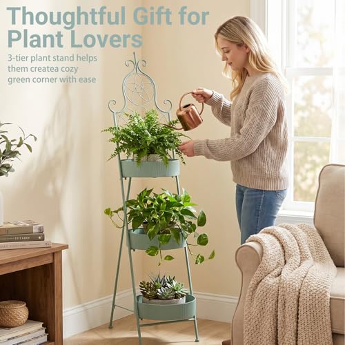Metal Ladder Plant Stand 3-Tier for Coner, Decorative Freestanding Flower Pot Holder Rack for Indoor Outdoor, Rustproof Planter Holder for Balcony Patio Living Room, Green