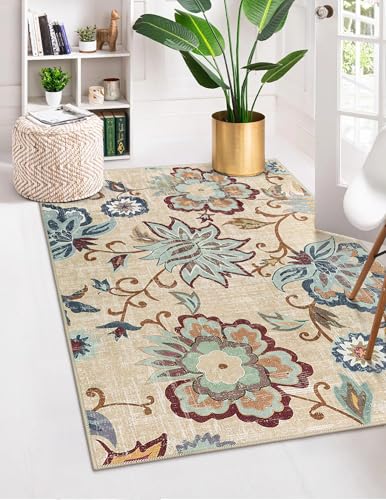Beeiva Floral Bedroom Rugs, 4x6 Rug with Rubber Backing Ultra Thin Vintage Washable Rugs Foldable Carpets for Living Room Rug Paisley Print Beige Rug for Entryway Bathroom Office - color: Cream, size: 4' x 6' (Rectangular)