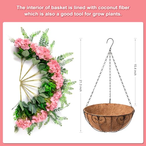 Artificial Hanging Hydrangea Flowers with Basket for Outdoor Spring Decoration, Fake Silk Hydrangea Flower Outdoor Indoor Arrangements, Fake Hanging Plants for Balcony Garden Yard Decor(Champagne) - color: Z-champagne With Basket