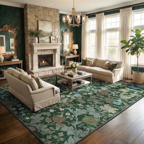 Forest Green Washable Floral Area Rug 10x14 for Living Room, Vintage Farmhouse Botanical Rug, Non Slip Low Pile Floor Decor Oversized Rug, Soft Extra Large Decorative Carpet for Bedroom Dining Room - color: Green, size: 10'x14'