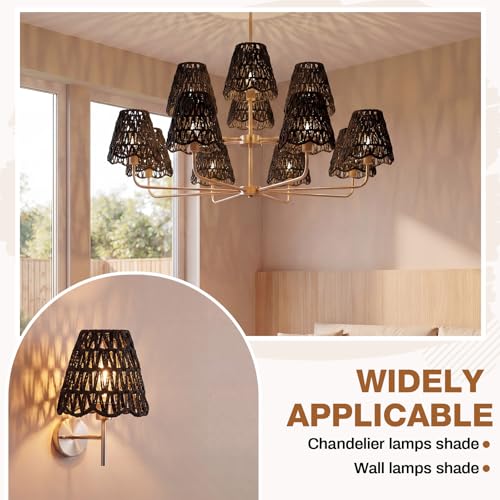 Glooglitter Small Clip-on Chandelier Rattan Lamps Set Shade Scalloped Lampshade 3"top x 6"bottom x 5-1/4"slant Height Empire Lamp Shade Chandelier or Accent Lamp(V Paper Rope,Black,2 Pcs) - color: Black, size: V Paper Rope