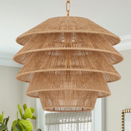 18” Boho Pendant Light Hand Woven Adjustable Brass Coastal Chandelier for Kitchen Island Dining Living Room Entryway Foyer, UL Listed