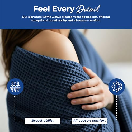 THREAD SPREAD 100% Cotton Waffle Twin Size Blanket for Bed - Soft Lightweight Breathable Waffle Weave Twin Blanket for All Season, Textured Throw Blankets for Bed, Sofa, Hotel, Hospital - Navy Blue - color: Waffle - Navy Blue, size: Twin / Twin XL