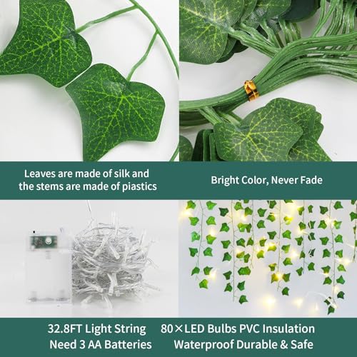 Freyalife Fake Vines for Room Decor(24Pack168Ft),with CE Certified 160 LED String Lights,Artificial Plant Ivy for Aesthetic Home Bedroom Wall Wedding Party Office Patio Indoor, Outdoor Garden Décor - color: Ivy String Lights-usb Battery Box, size: 24Pack