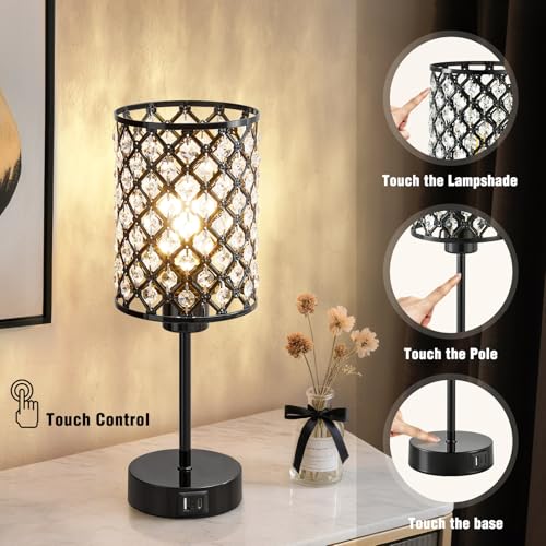 GyroVu Touch Control Table Lamp, Black Crystal Table Lamps Set of 2 with 2 USB Charging Ports, Dimmable Bedside Nightstand Lamps for Living Room, Bedroom, Guest Room, Bulbs Included - color: Black-2, size: 14.75"