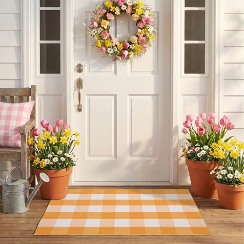 Spring Yellow and White Plaid Rug, 3' x 5' Cotton Blend Layered Doormat for Front Door, Hand-Woven Washable Entryway & Porch Decor - color: Pumpkin Yellow and White, size: 3' x 5'