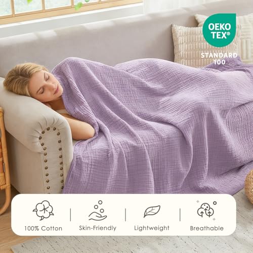EMME Cotton Throw Blanket for Couch Soft Muslin Blankets 50"x60" Lightweight Breathable Blanket All Season Gauze Blanket, Lavender - color: 07 - Lavender, size: Throw (50" x 60")
